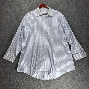 Brooks Brothers Shirt Mens 17.5 Slim Fit Non Iron Blue White Stripe Cotton Pocke